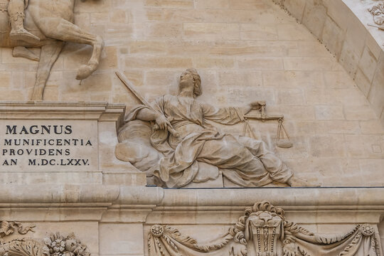 Fragments of North portal of Hotel des Invalides (National Residence of Invalids, 1671 - 1676) – now complex of museums and monuments relating to military history of France. PARIS, FRANCE.