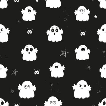 Cute ghosts. Happy Halloween card. Fabric textile design seamless pattern