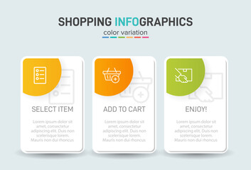 Concept of shopping process with 3 successive steps. Three colorful graphic elements. Timeline design for brochure, presentation, web site. Infographic design layout.