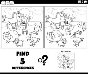 differences game with cartoon farm animals coloring page