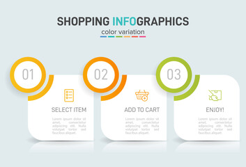 Concept of shopping process with 3 successive steps. Three colorful graphic elements. Timeline design for brochure, presentation, web site. Infographic design layout.