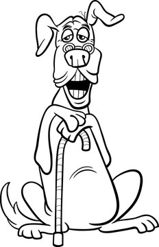 cartoon senior dog character with a cane coloring page