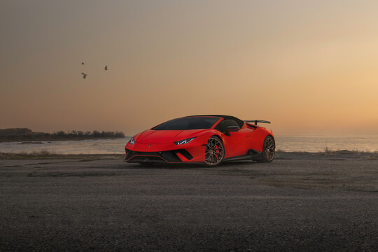 Los-Angeles, USA - May 2022: Supercar Lamborghini Huracan Performante Finished In Red. 