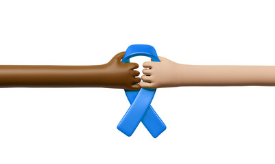 Hands with blue awareness ribbon in 3d render 