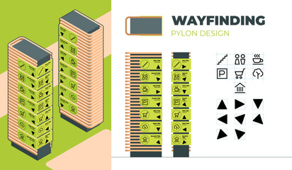Wayfinding wood pylon design for indoor and outdoor navigation with isometry, front and profile projection with arrows icons and titles. - obrazy, fototapety, plakaty