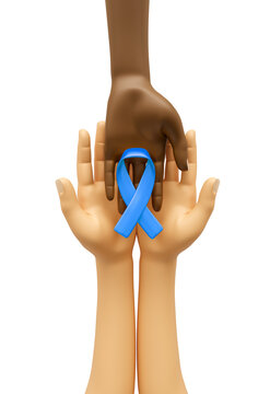 Hands with blue awareness ribbon in 3d render 