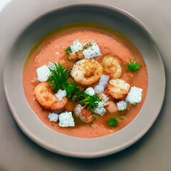 Fototapeta Hot Tomato soup with shrimp. Seafood creamy soup with goat cheese, olive powder, wild shrimps on bowl plate at wooden table, top view, close-up. Delicious vegetarian diet food.	 obraz