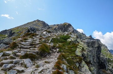 Picturesque scenery view of rocky mountains on the trail towards Slavkovsky stit peak. High Tatras nature on Slovakia 