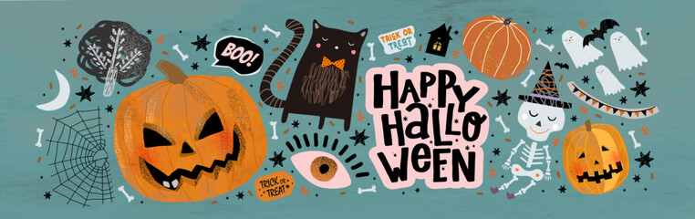 Happy Halloween. Vector cute illustrations of objects: pumpkin head, black cat, funny skeleton, ghosts, eyes for postcard creation