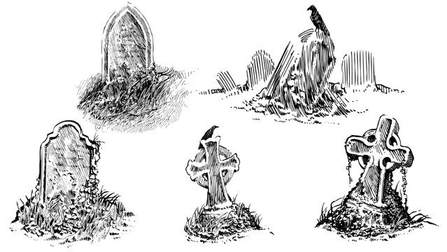 Black and white vintage vector illustrations of crosses and tombs with crows. Cemetery hatch designs for books or Halloween-themed graphic projects.