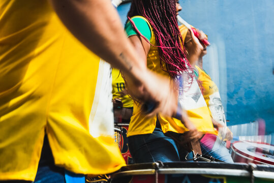 Dida Band members play percussion instruments at Pelourinho in Salvador, before the match between Brazil vs Costa Rica for the 2018 soccer world cup in Russia.