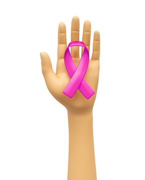 Hand with pink awareness ribbon in 3d render 