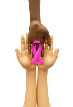 Hands with pink awareness ribbon in 3d render 