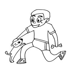 boy feeding and stroking a dog