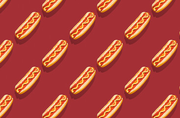 Patter of fresh made hot dogs on red pastel background
