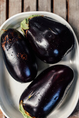 three whole, raw eggplants in a dish ready to be grilled