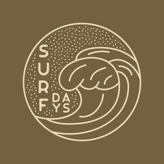 Camping adventure badge design. Outdoor crest logo with surf waves. Travel silhouette label isolated on dark. Stock vector tattoo graphics emblem