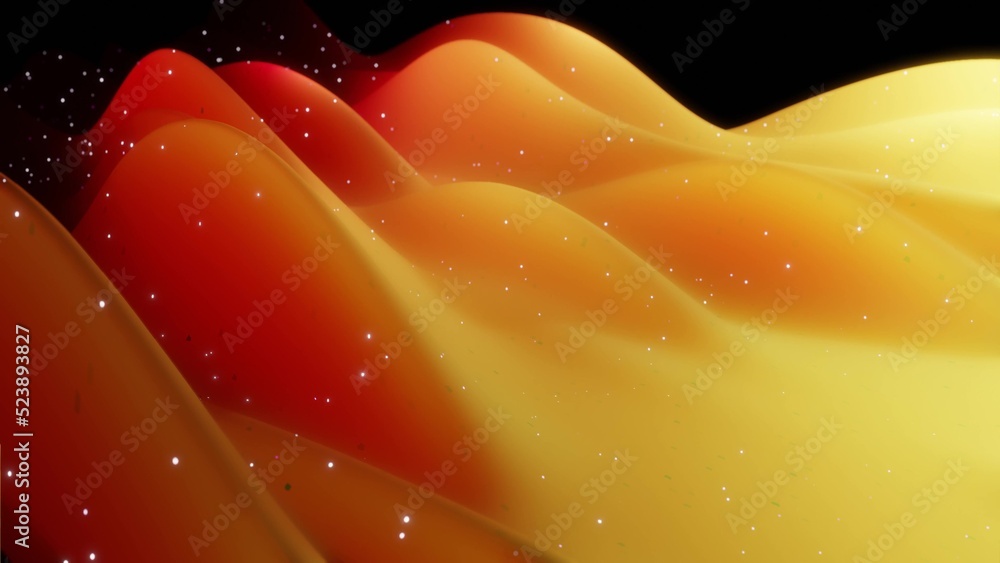 Poster 3d rendering. abstract 3d surface with beautiful waves, luminous sparkles and bright red yellow colo