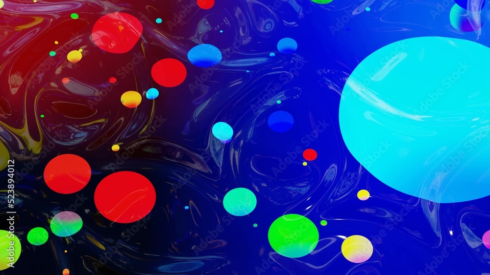 Poster abstract background of shiny glossy surface like wavy blue liquid with rainbow color circles like dr