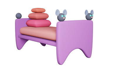 3D bed. Child's bed with mice and pillows. Toy bed.
