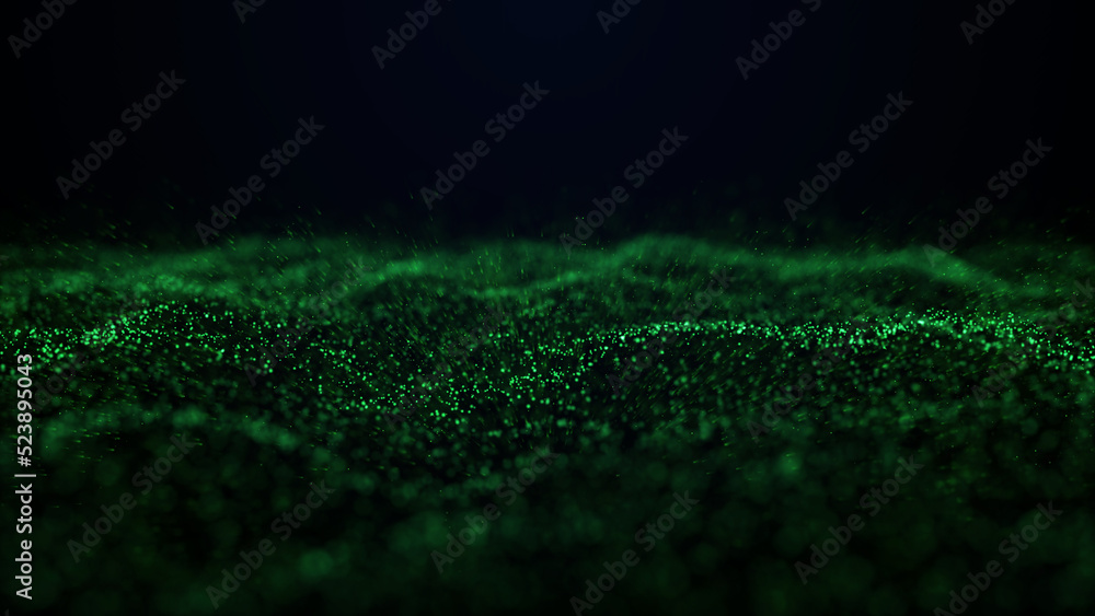 Poster a wave of particles. abstract background with dynamic green wave. blue background with moving partic