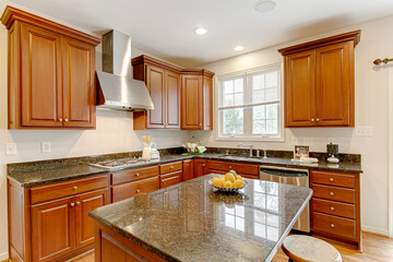 Traditional kitchen interior warm cherry wood cabinets black iron light fixture fruits