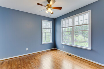 empty room with a window blue wall traditional light fixture hardwood floors