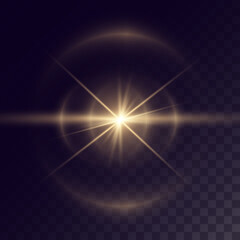 Glowing light golden effects, star explosion with sparkles and light reflection on transparent background