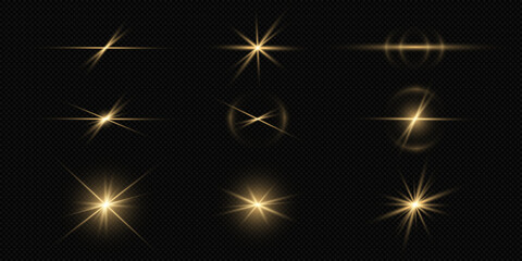 A set of golden effects, an explosion of a star with sparkles and light reflection on a transparent background