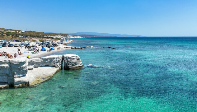Alacati Beach in Cesme Town, Delikli koy aerial view with drone