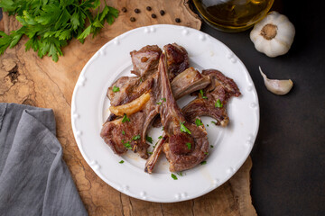 Grilled lamb chops in delicious view, Turkish name; kuzu pirzola