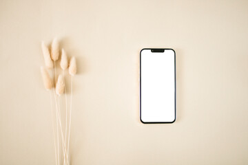 Top view botanical mobile mockup with leaves on beige background
