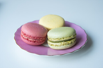 Mix of appetizing macarons in porcelain plate with blue background. Greeting card. Sweet concept....