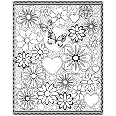 Black and white flowers, hearts, butterflies in a square frame for coloring book page. Vector illustration.