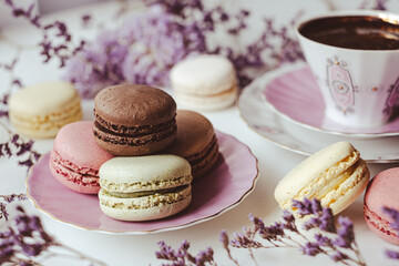 Mix of appetizing macarons and delicious coffee in porcelain cup on white table decorated with blurred flowers. Dry flowers. Greeting card.