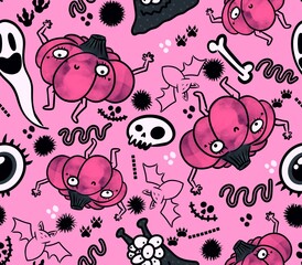 Halloween seamless pumpkins and witch hat and ghost pattern for fabrics and wrapping paper and clothes print