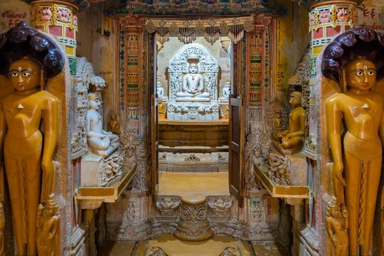 Indoors of the jain temples Jaisalmer in Rajasthan, India