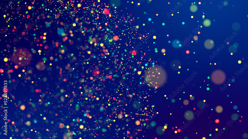 Poster cloud of multicolored particles fly in air slowly or float in liquid like sparkles on dark blue back