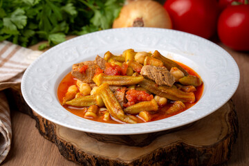 Bamya, Turkish traditional food. (Turkish cuisine) Homemade Food Okra in Plate. Organic Food.