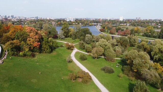 Birds eye view of beautiful autumn city landscape, with dense colorful trees, the camera slowly spinning rising, aerial drone footage.