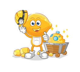 lemon head miner with gold character. cartoon mascot vector