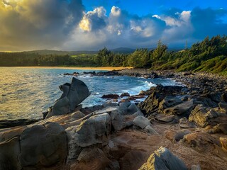Beautiful shot of Flemings Beach from Dragon's Teeth in Maui, Hawaii