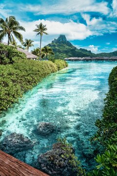 Beautiful view of the tropical island Bora Bora under a blue sky