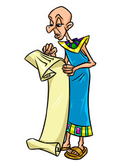 Priest of ancient Egypt reading a papyrus document clipart cartoon illustration