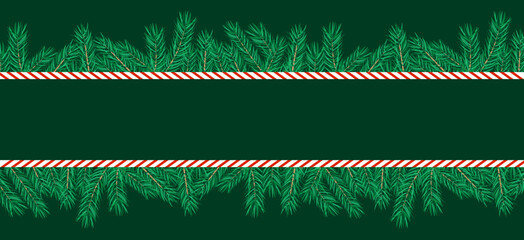 Border made of Christmas tree branches and candy cane. Horizontal, empty banner. Vector illustration.