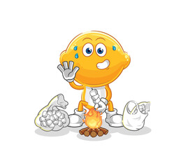 lemon head roasting marshmallows. cartoon mascot vector