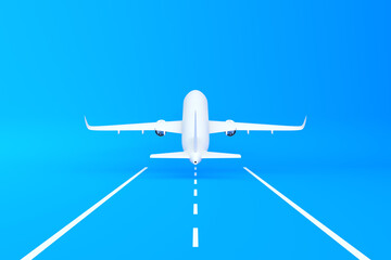 Airplane taking off the runway on a blue background with copy space. Minimal style design. Front view. 3d rendering illustration