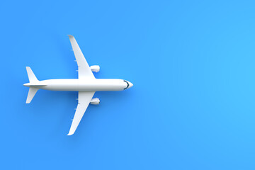 Naklejka na ściany i meble Airplane on a blue background with copy space. Minimal style design. Top view. 3d rendering illustration