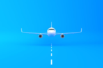 Naklejka na ściany i meble Airplane taking off the runway on a blue background with copy space. Minimal style design. Front view. 3d rendering illustration