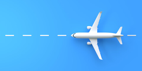 Airplane on a blue background with copy space. Minimal style design. Top view. 3d rendering illustration